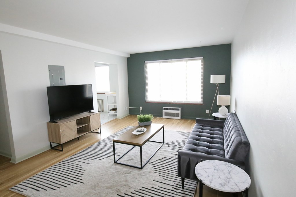 A living room with a black couch and a television.