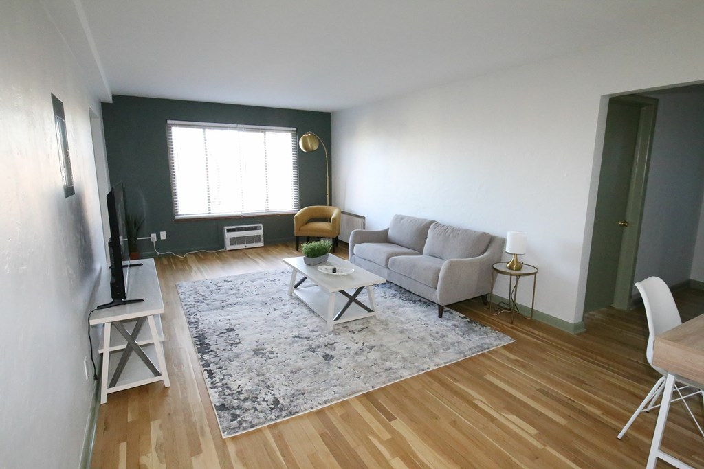 A living room with a grey couch, a white chair, and a grey rug.