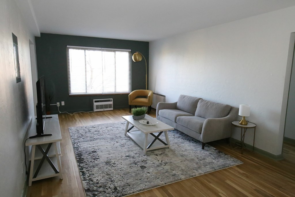 A living room with a grey couch, a white coffee table, and a grey rug.