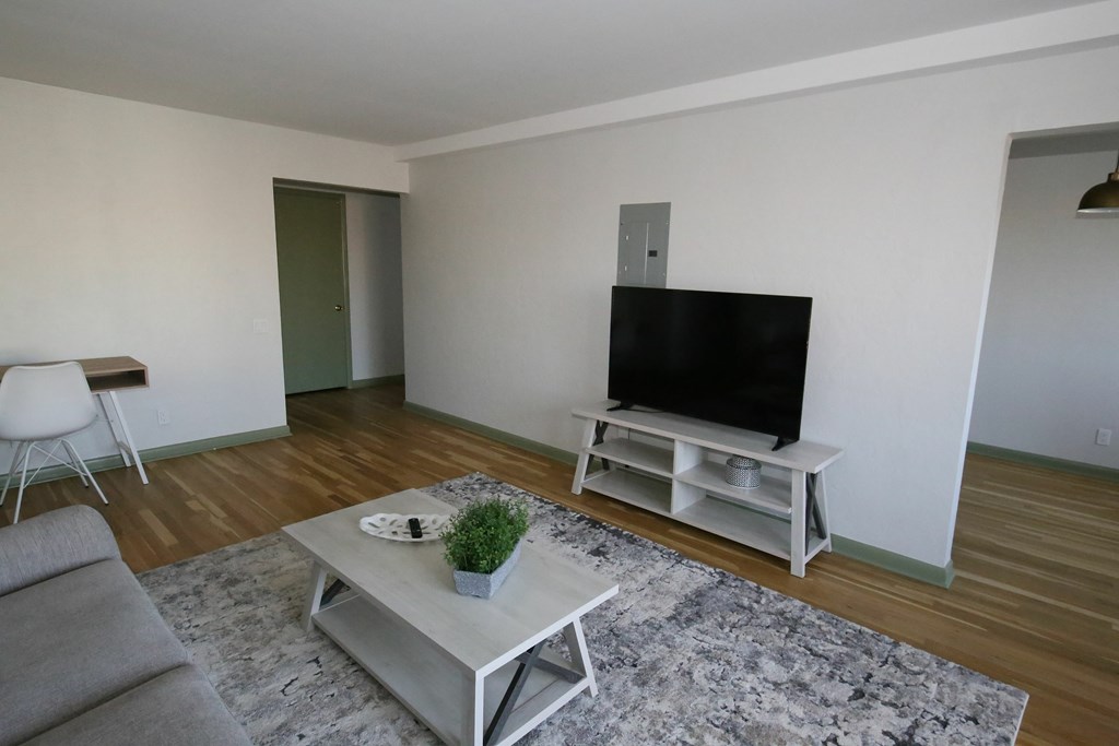 A living room with a grey sofa, a white coffee table, and a black television.