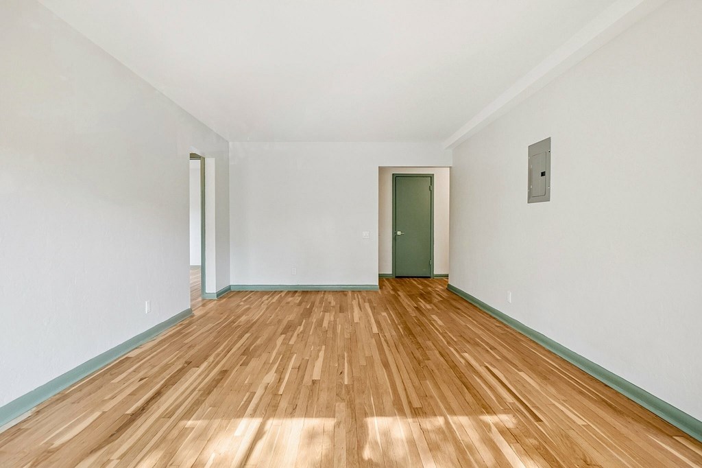 A room with wooden floors and a green door.