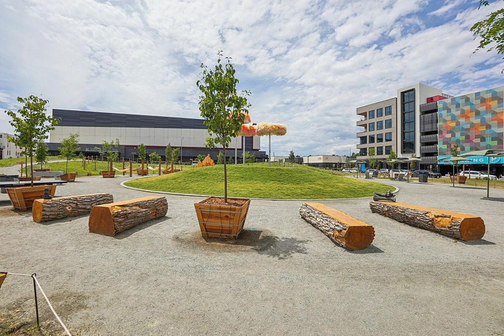 A park with a tree in a wooden planter and logs on the ground.