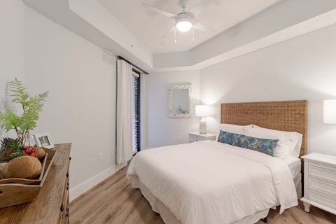 A bedroom with a bed, nightstand, and a plant.