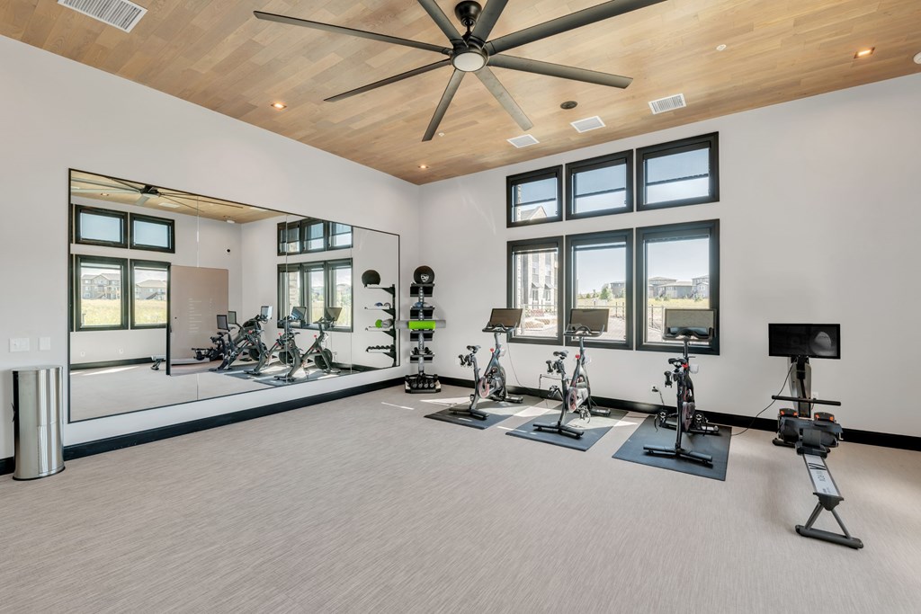 A spacious room with a ceiling fan, exercise equipment, and large windows.