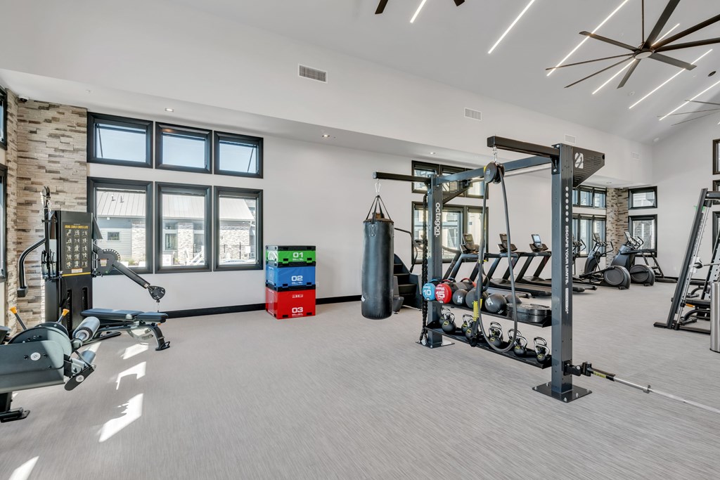 A gym with a variety of equipment including a punching bag, treadmills, and weights.