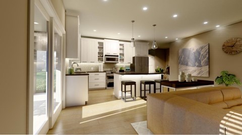 A modern kitchen with a bar area and a living room area.