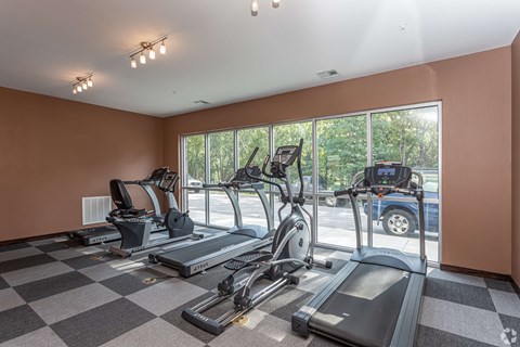 A gym with treadmills, elliptical machines, and a checkered floor.