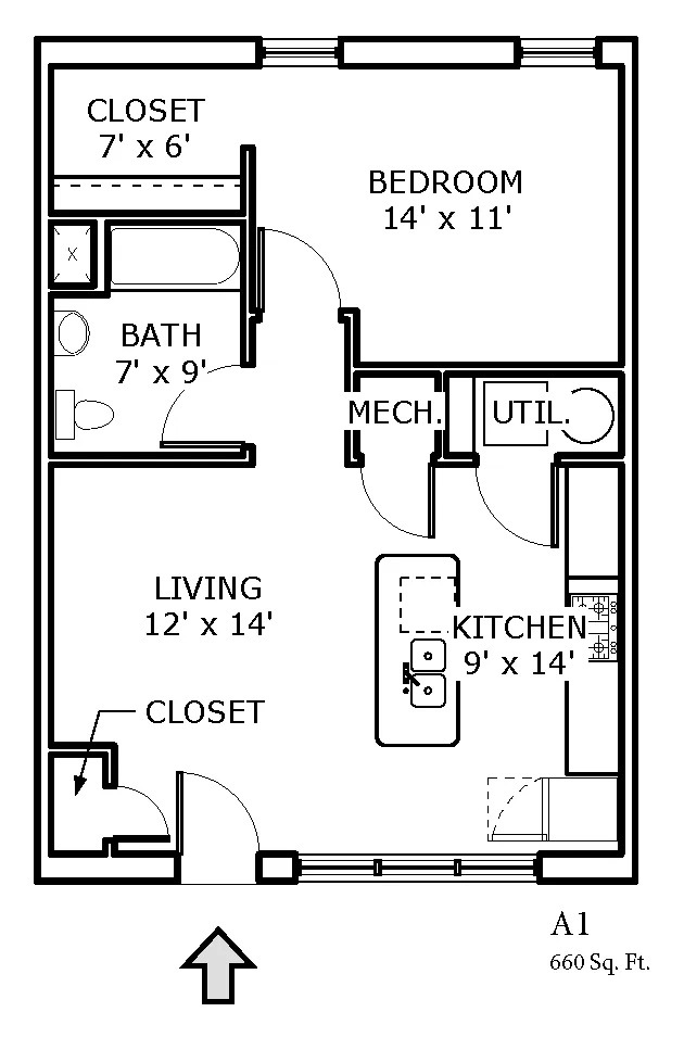 2D floor plan of a 1-bedroom apartment at Backwater Cove.