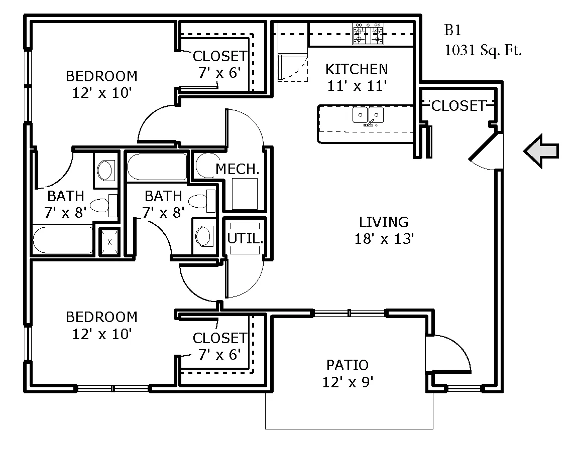 2D floor plan of a 2-bedroom apartment at Backwater Cove.