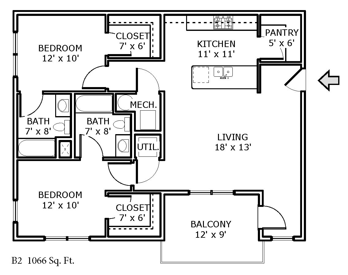 B2 Floor Plan image of 2 bedroom, 2 bathroom apartment at Backwater Cove Apartments