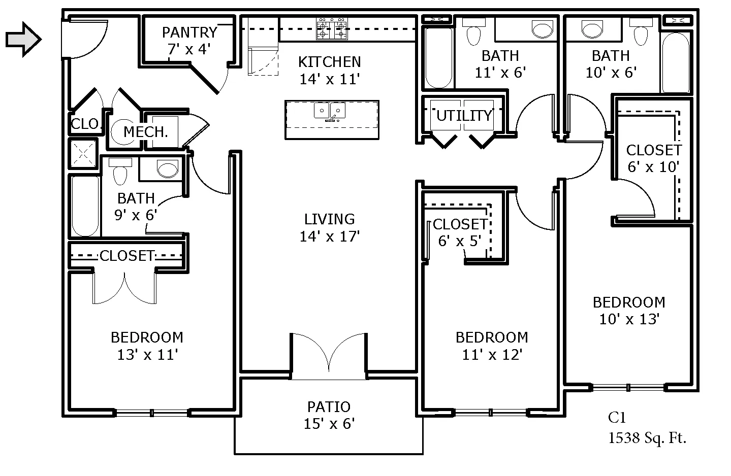 2D floor plan of a 3-bedroom apartment at Backwater Cove.