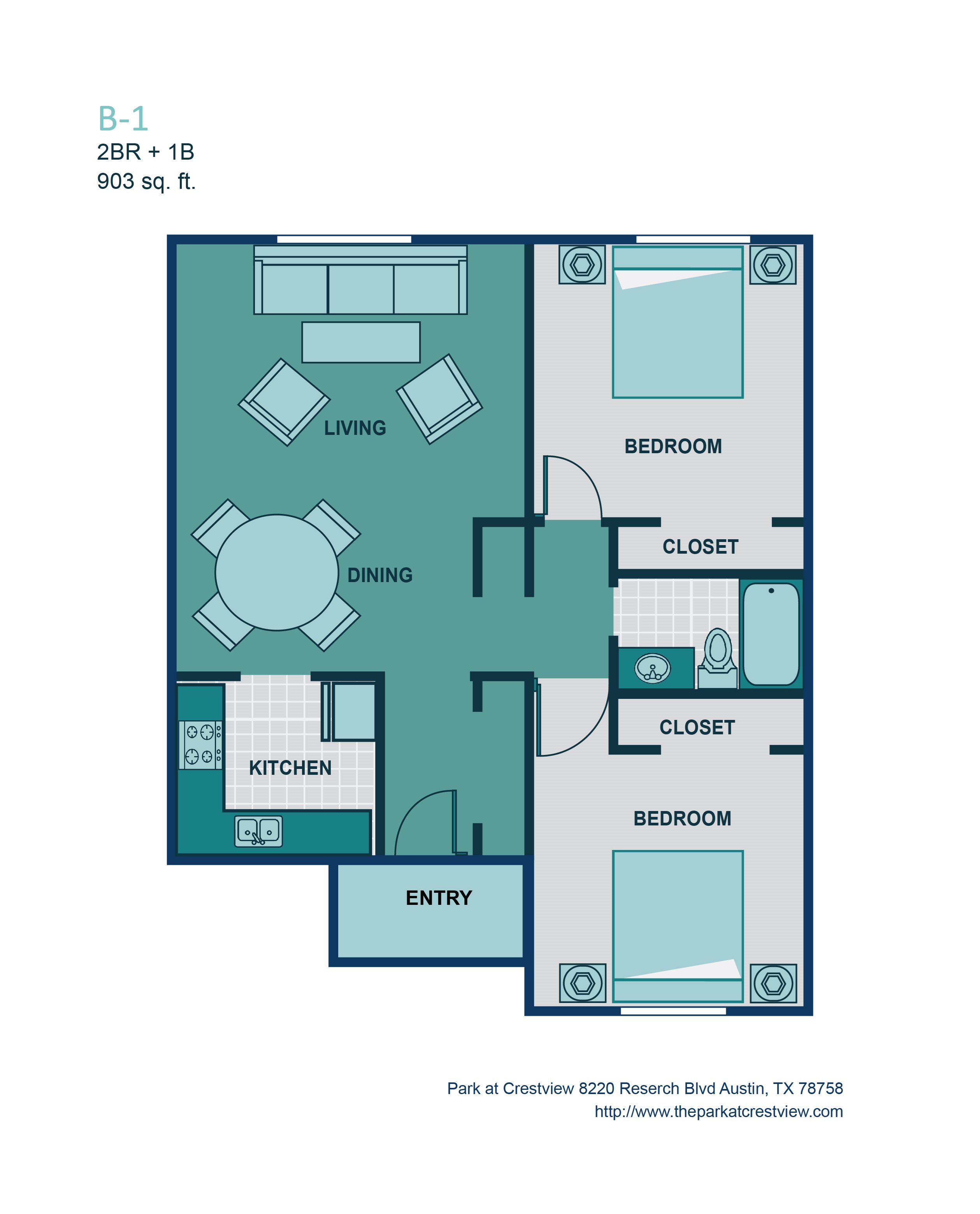 2 Bed/ 1 Bath B1 Floor Plan 4