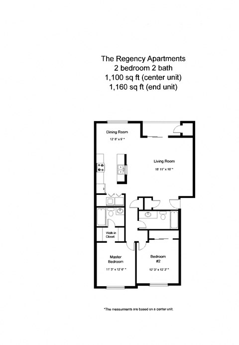 Our 2 bedroom, 2 bathroom apartment floor plan at The Regency Apartments in Lacey, Washington