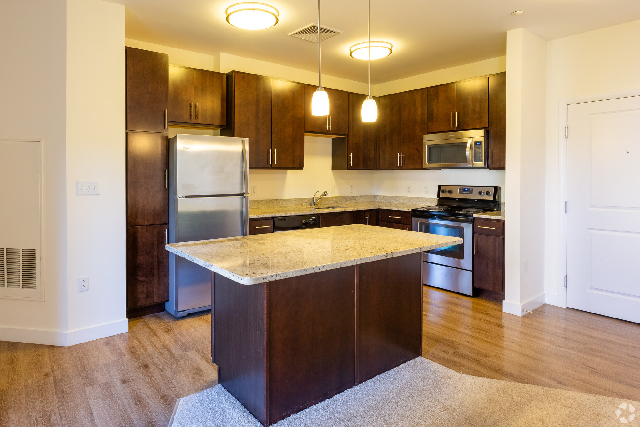 Kitchen granite countertops dark, designer cabinets stainless steel appliances island