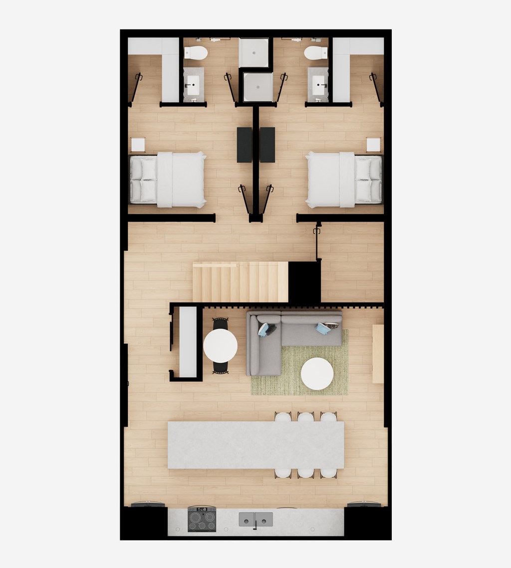 A floor plan of a house with two bedrooms, a living room, a kitchen, and a bathroom.