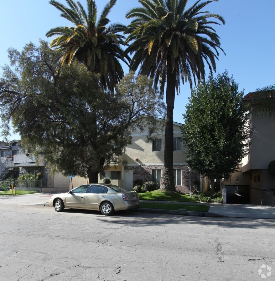 A car is parked on the side of a street with palm trees in the background.