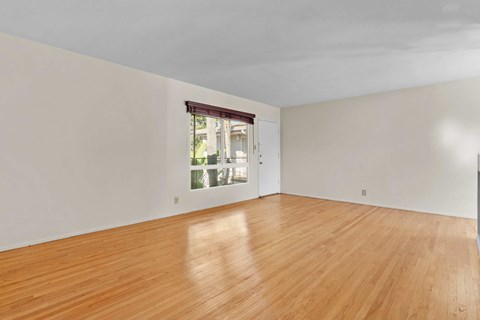 A room with wooden flooring and a window showing daylight outside.