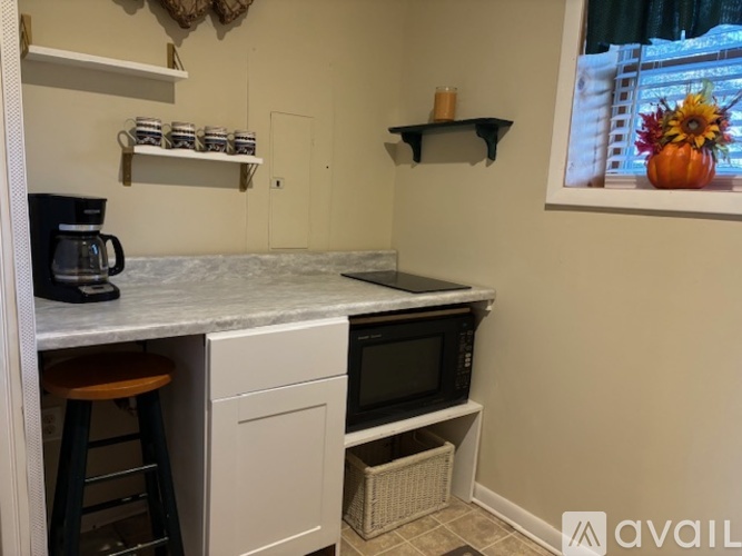 A kitchen with a microwave, oven, and counter space.