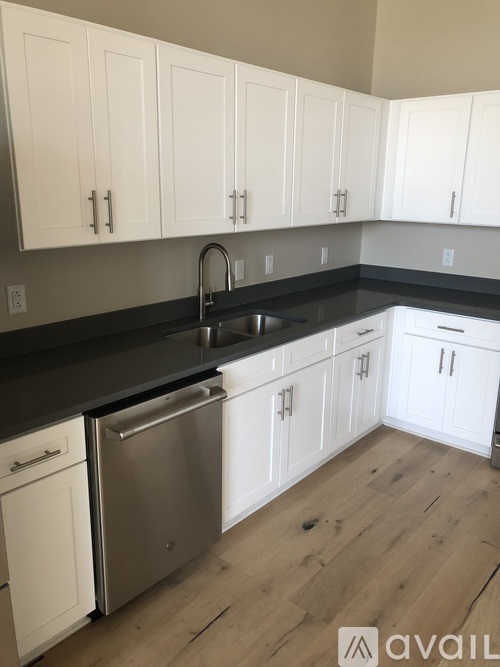 A kitchen with white cabinets and a stainless steel dishwasher.