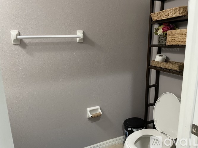 A white towel rack is mounted on a grey wall above a toilet paper holder.