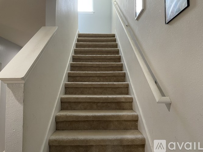 A staircase with beige carpeted steps and white railings.