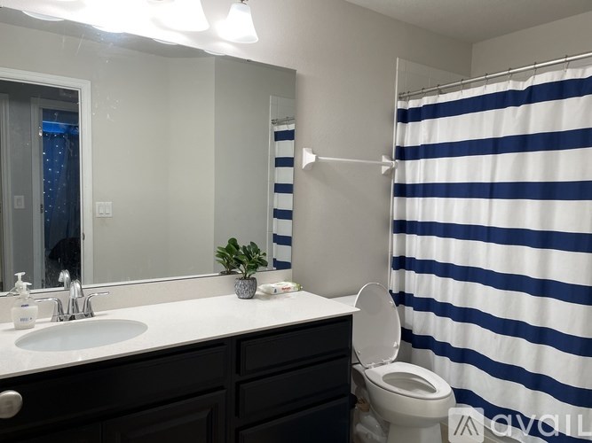 A bathroom with a sink, mirror, toilet, and striped shower curtain.