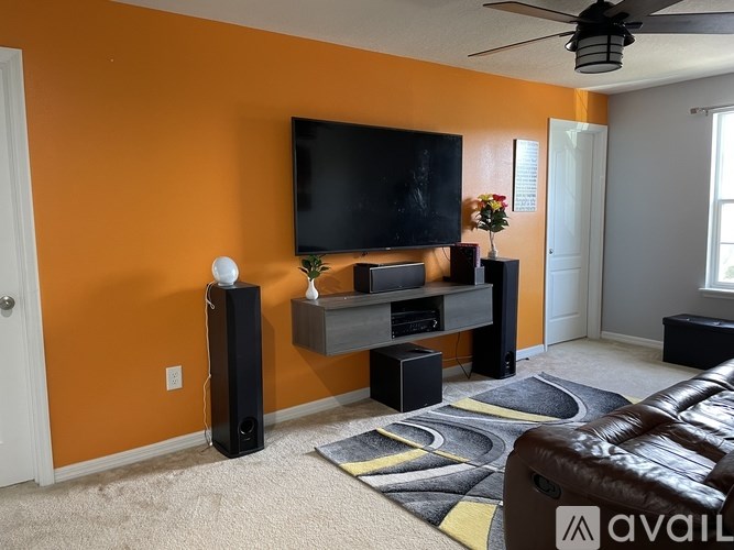 A living room with a television, a speaker, and a rug.