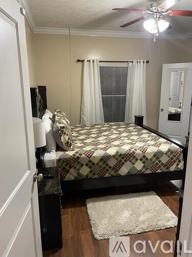 A bedroom with a bed, a ceiling fan, and a rug.