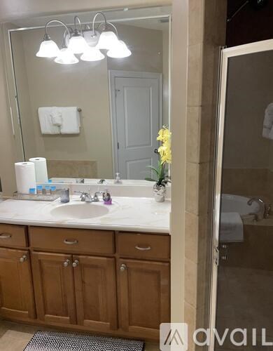 A bathroom with a sink, mirror, and wooden cabinets.