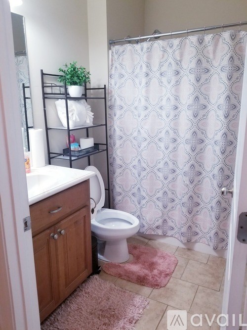 A bathroom with a toilet, sink, and a pink rug.