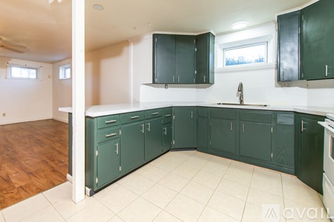 A kitchen with green cabinets and a white counter top.