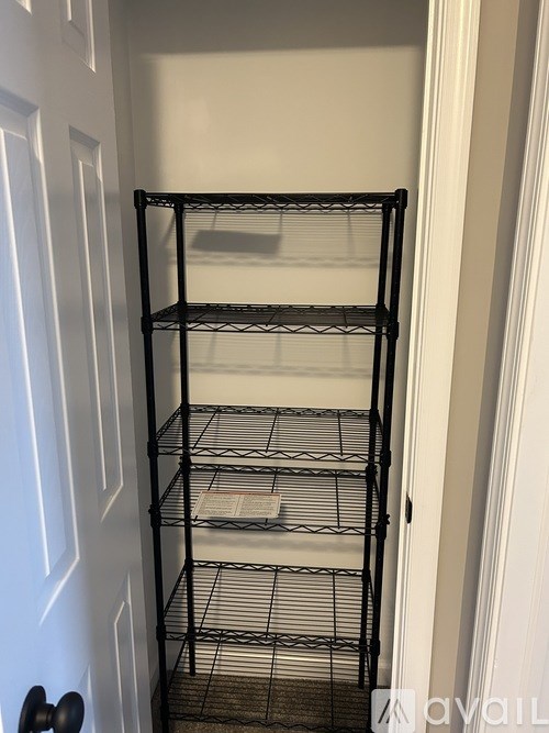 A tall black wire shelf unit with four shelves is in a white doorway.