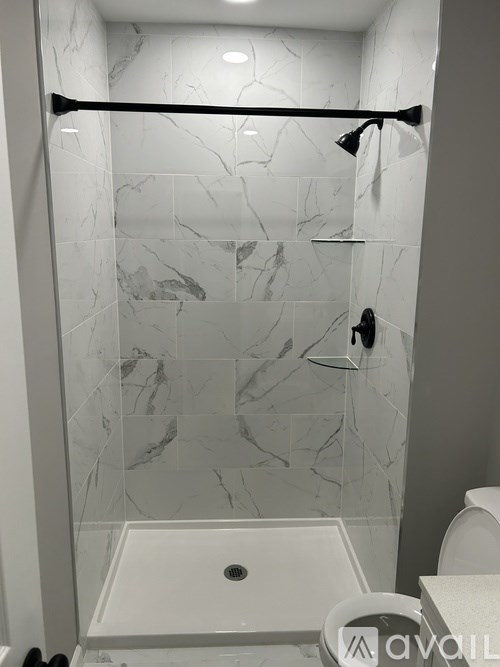 A bathroom with a marble tile shower and a white toilet.
