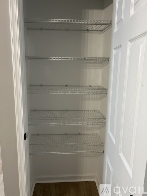 Empty white shelves in a pantry.