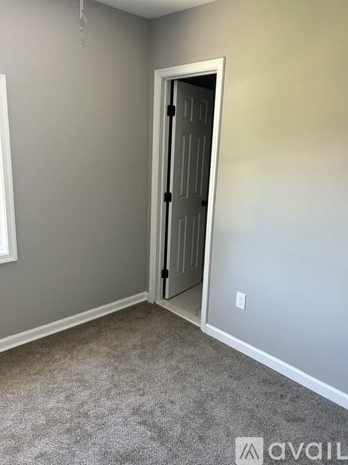 A room with a closed door and a carpeted floor.