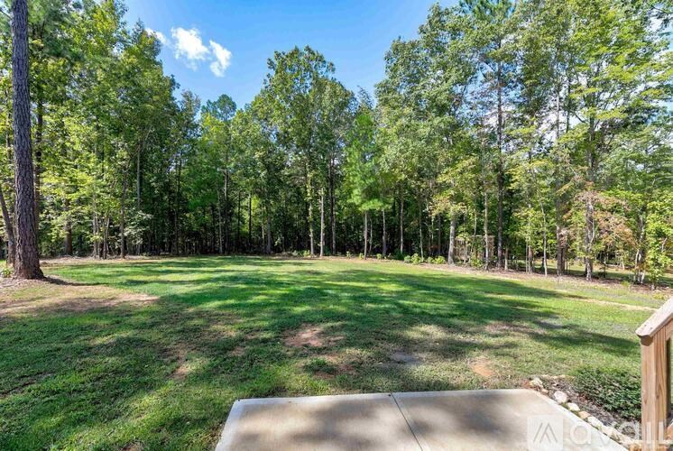 A backyard with a lawn and trees.