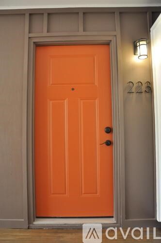 A bright orange door with a black handle and a number 223 on the wall above it.