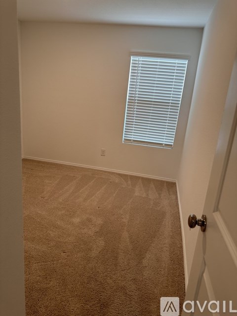 A carpeted hallway with a door on the right.