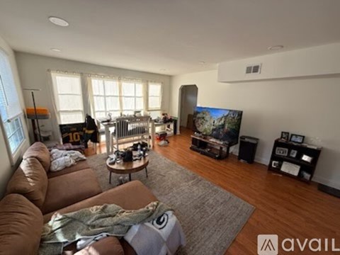A living room with a brown sofa and a television.