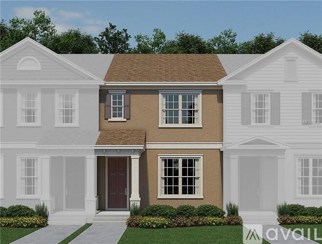 A rendering of a two-story house with a brown roof and white trim.