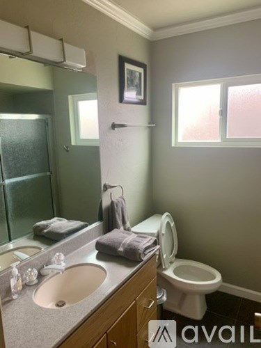 A bathroom with a toilet, sink, mirror, and towel.