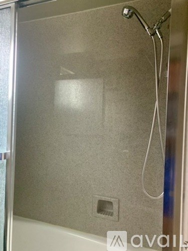 A shower area with a glass door and a wall-mounted shower head.
