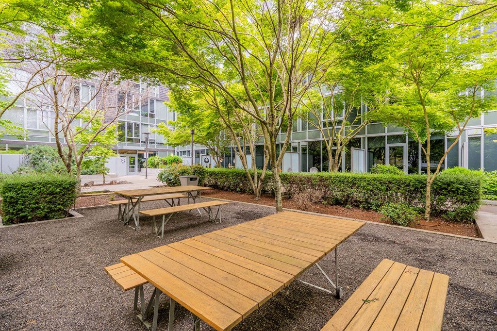 a park with benches and trees in front of a building
