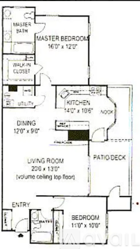 A floor plan of a house with a master bedroom, a living room, a dining area, a kitchen, a bathroom, and a patio deck.