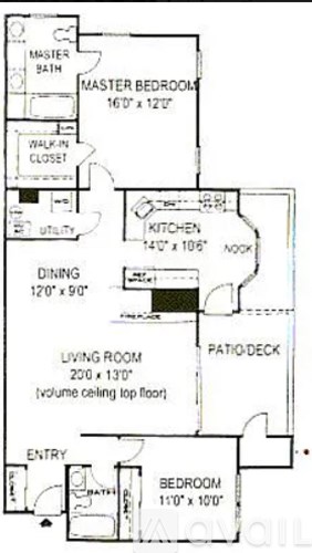 A floor plan of a house with a master bedroom, a living room, a dining area, a kitchen, a bathroom, and a patio deck.