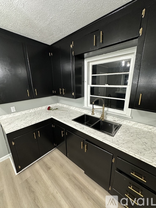 A kitchen with black cabinets and a marble countertop.