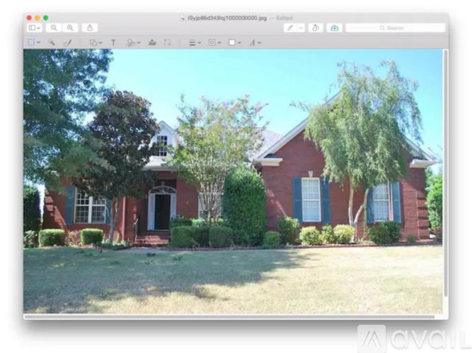 A brick house with blue shutters and a tree in front.