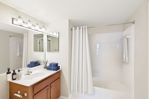 A bathroom with a sink, mirror, and shower.