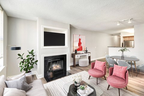 A living room with a fireplace, a TV, a dining table, and chairs.