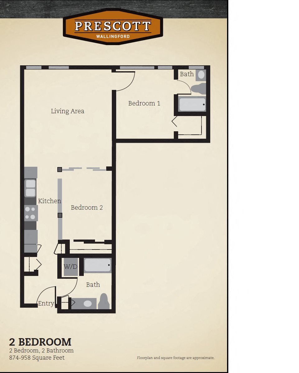 Two Bedroom Two Bath 874 - 958 Sq. Feet Floor Plan 6